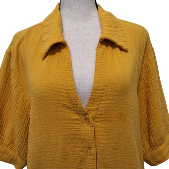 Sundays Womens Mustard Yellow Cotton Gauze Button-Up Shirt V-Neck Sz M Normcore - Picture 4 of 8